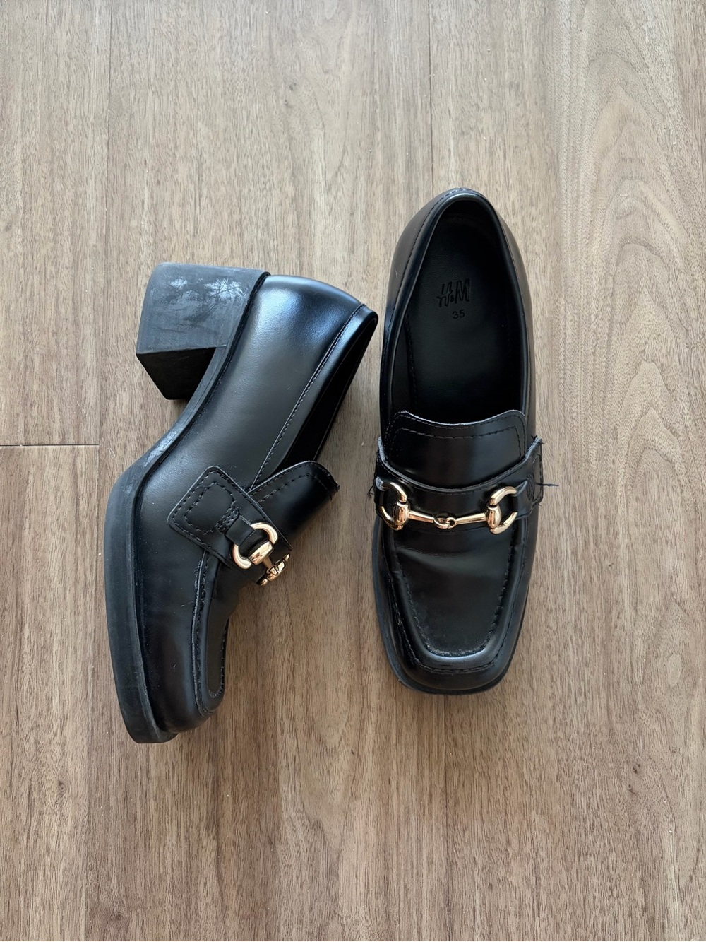 Black Leather Block-Heel Loafers with Gold Bit Hardware